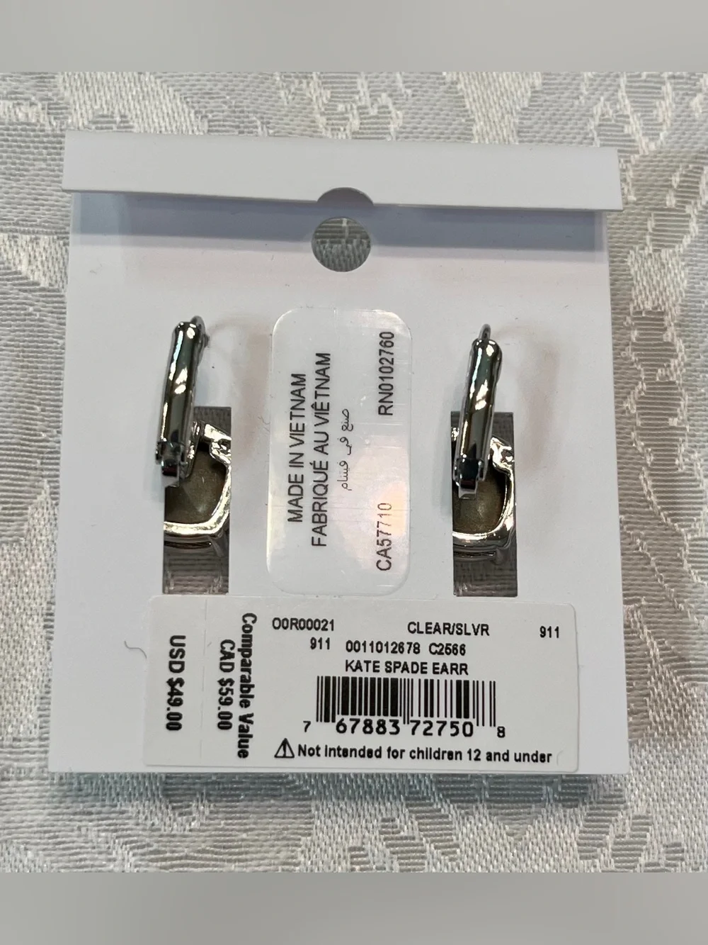 Kate Spade Crystal Silver-tone Hoop Earrings with Lever Back Clasp